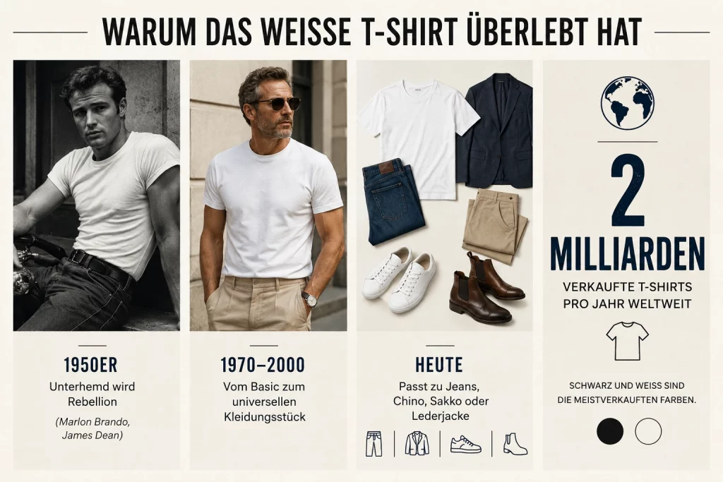 Infografik zur Entwicklung des weißen T-Shirts von den 1950er Jahren bis heute mit Stilbeispielen und Verkaufszahlen.
