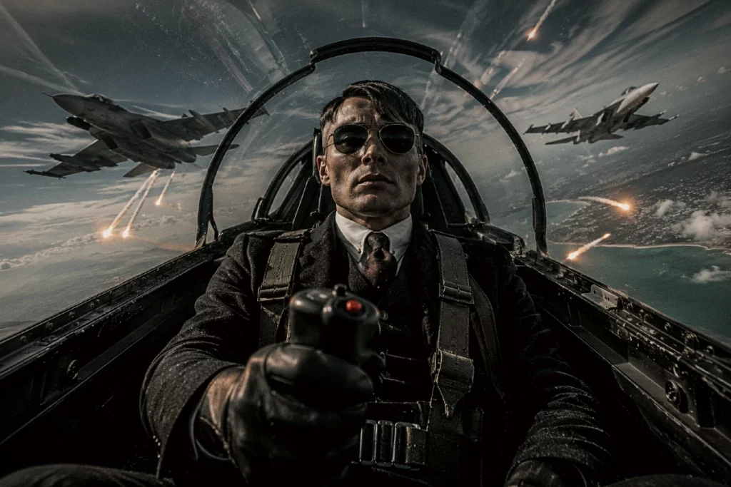 Mann im Stil der 1920er Jahre sitzt in einem modernen Kampfjet-Cockpit und steuert das Flugzeug während eines Luftkampfs mit Wingman-Jets im Hintergrund.