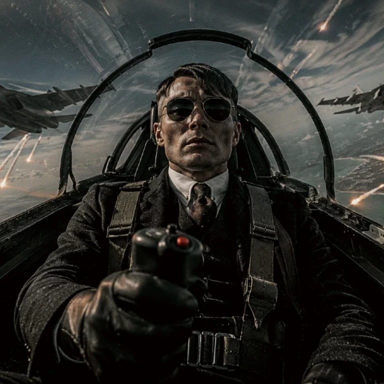 Mann im Stile von Thomas Shelby als Pilot im Cockpit eines Kampffliegers