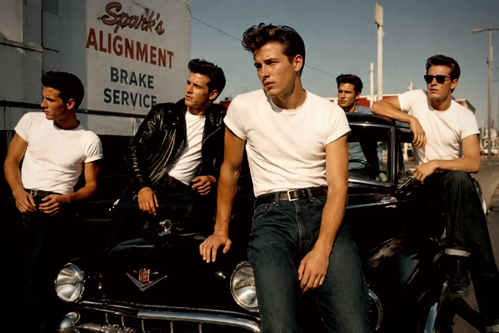 Mehrere junge Männer im Stil der 1950er Jahre tragen weiße T-Shirts und Jeans an einem amerikanischen Straßenrand.