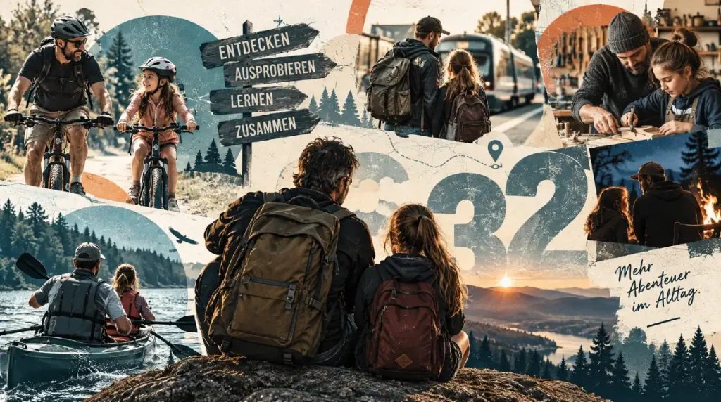 Collage mit Vater und Tochter bei gemeinsamen Unternehmungen wie Radfahren, Reisen, Paddeln, Werken und einem Lagerfeuer.