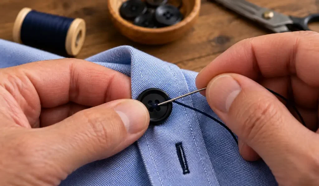 Ein schwarzer Vierlochknopf wird auf einem blauen Hemd zum Annähen positioniert.