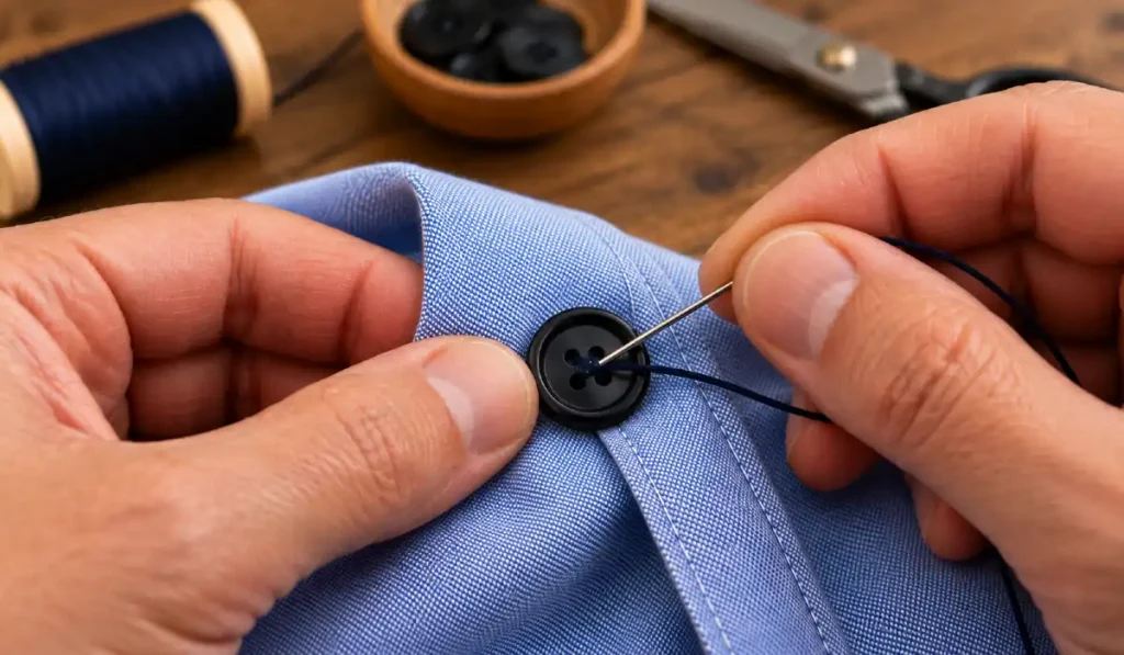 Ein schwarzer Vierlochknopf wird mit dunkelblauem Faden auf einem blauen Hemd festgenäht.