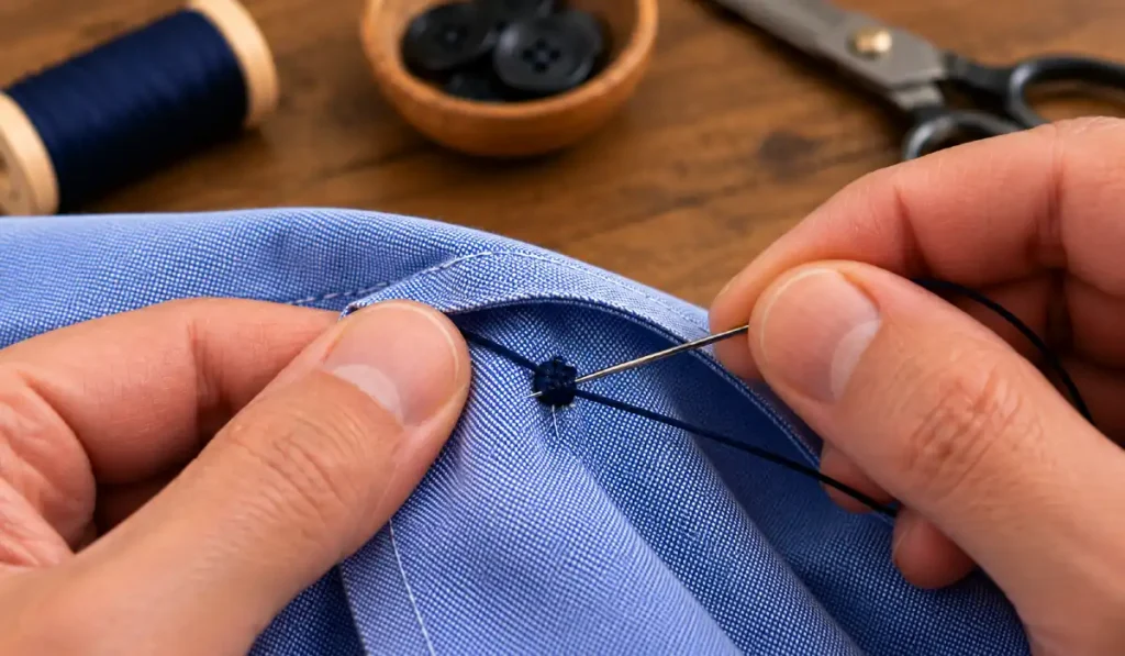 Der dunkelblaue Nähfaden wird auf der Rückseite des Hemdstoffs mit Nadel und Knoten gesichert.