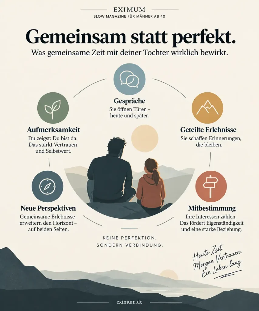 Infografik zu gemeinsamer Vater-Tochter-Zeit mit Aufmerksamkeit, Gesprächen, gemeinsamen Erlebnissen, Mitbestimmung und neuen Perspektiven.
