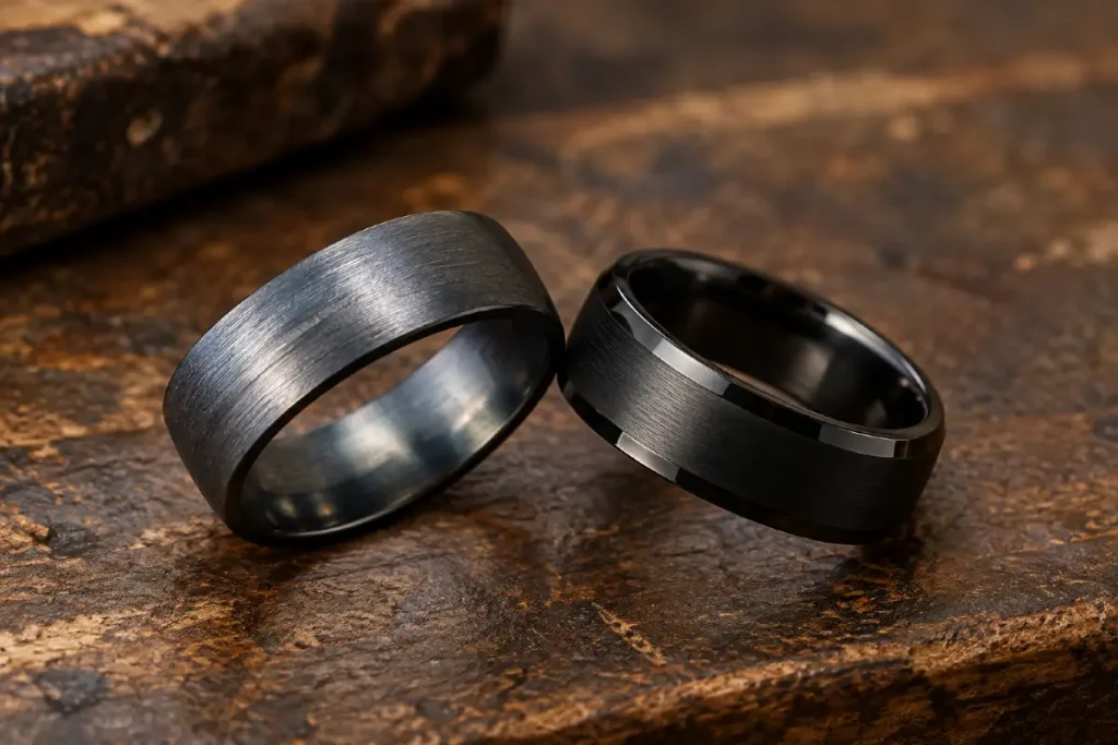 Zwei dunkle Eheringe in Tantal- und schwarzer Zirkonium-Optik auf rustikalem Untergrund