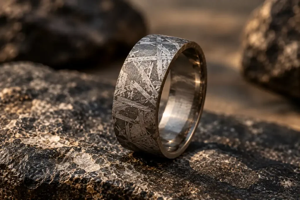 Dunkler Ring in Meteoriten-Optik mit geometrischer Widmanstätten-Struktur auf einem Felsen
