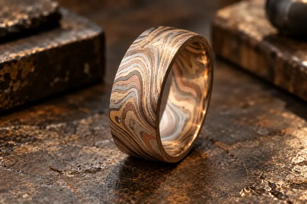 Breiter Ring in Mokume-Gane-Optik mit wellenförmiger mehrfarbiger Metallmaserung auf einer Werkbank