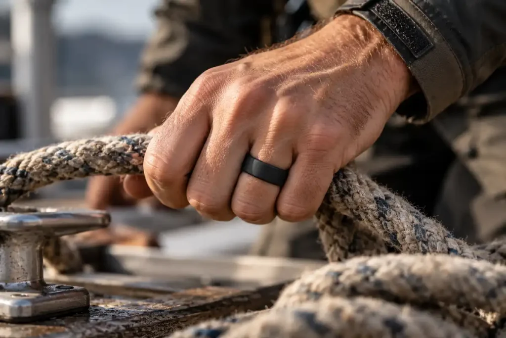 Männerhand mit schwarzem Silikonring beim Greifen eines dicken Seils