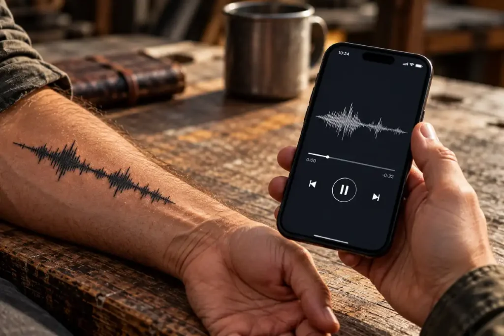 Unterarm mit tätowierter Soundwave neben einem Smartphone mit Audio-Wellenform