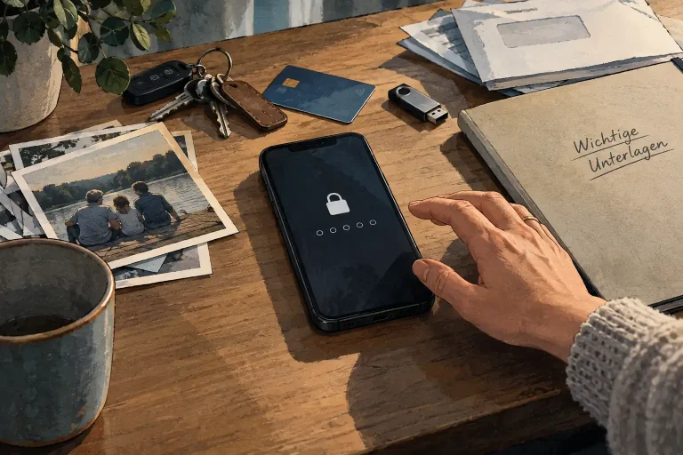 Gesperrtes Smartphone auf einem Tisch zwischen Familienfotos, Schlüsseln, Bankkarte, USB-Stick und wichtigen Unterlagen; eine Hand greift nach dem Gerät.