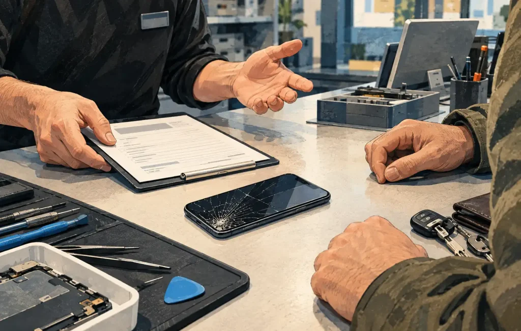 Smartphone mit gesprungenem Display liegt auf einer Reparaturtheke zwischen Kunde und Servicemitarbeiter, daneben Werkzeug und Reparaturunterlagen.
