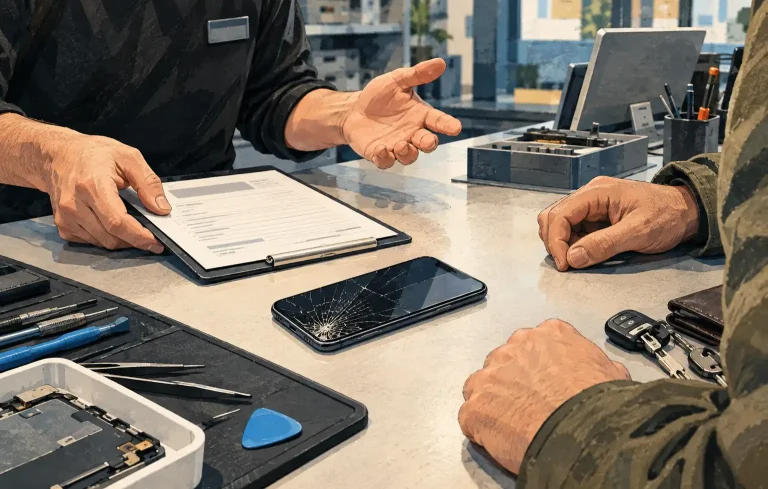 Smartphone mit gesprungenem Display liegt auf einer Reparaturtheke zwischen Kunde und Servicemitarbeiter, daneben Werkzeug und Reparaturunterlagen.