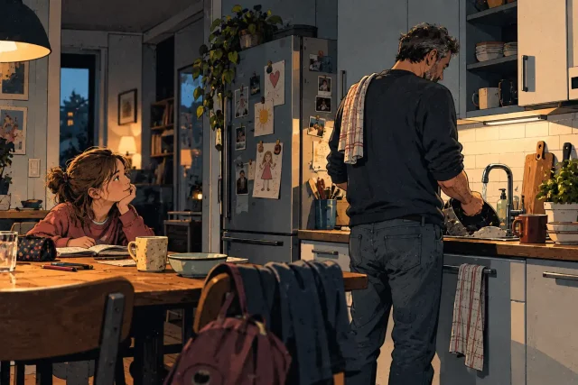 Illustration eines Vaters beim Aufräumen in der Küche, während seine Tochter am Tisch sitzt und zu ihm hinüberschaut.