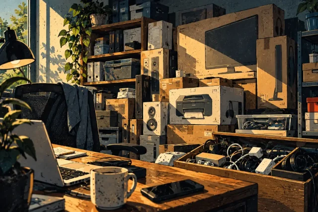 Illustrierter Arbeitsplatz mit Laptop, Kaffeetasse und zahlreichen gestapelten Kartons, Kabeln und Elektronikzubehör.