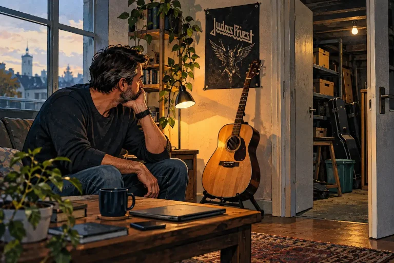 Illustration eines Mannes auf der Couch, der nachdenklich auf eine Gitarre in der Ecke schaut