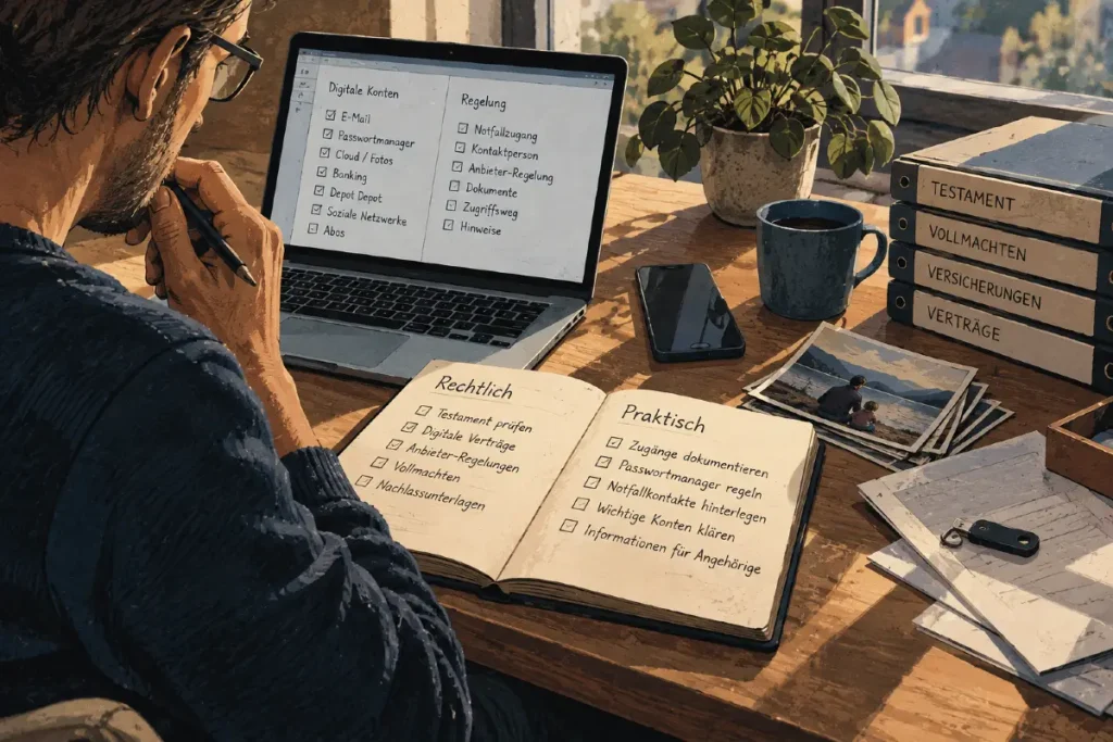 Mann ordnet am Schreibtisch Unterlagen, digitale Konten und Zugangsinformationen für den digitalen Nachlass.