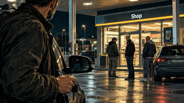Mann steht nachts neben seinem Auto an einer Tankstelle und beobachtet drei Männer vor dem beleuchteten Shop.