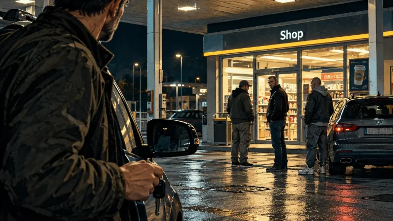 Mann steht nachts neben seinem Auto an einer Tankstelle und beobachtet drei Männer vor dem beleuchteten Shop.