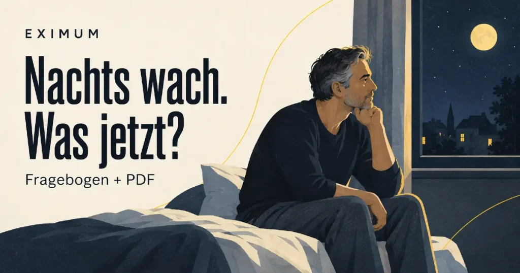 Illustration eines Mannes, der nachts wach auf der Bettkante sitzt und aus dem Fenster schaut. Daneben steht „Nachts wach. Was jetzt? – Fragebogen + PDF“.