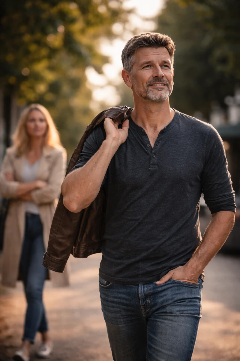 Mann geht selbstbewusst und zuversichtlich von Frau weg