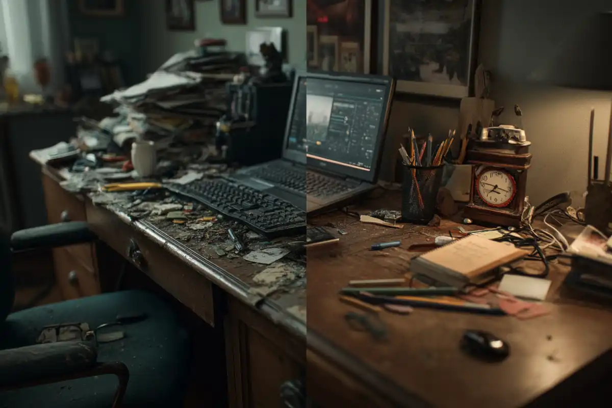 Vorher - Nachher-Bild eines Schreibtisches, chaotisch und aufgeräumt