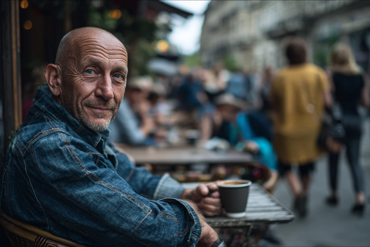 Älter werden im Alltag: Mann sitzt entspannt im Café und beobachtet das Geschehen um sich herum