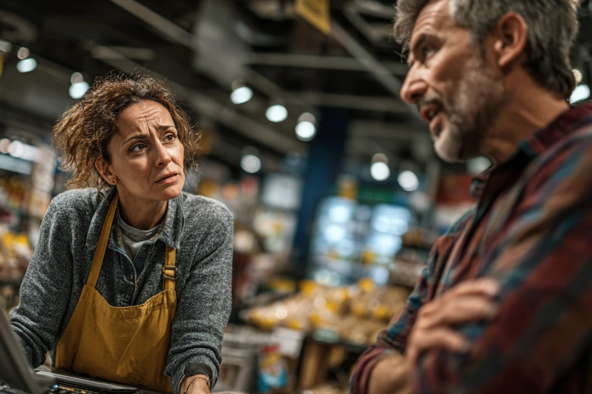 Älter werden im Alltag: Mann spricht an der Supermarktkasse, Kassiererin reagiert zurückhaltend und leicht genervt