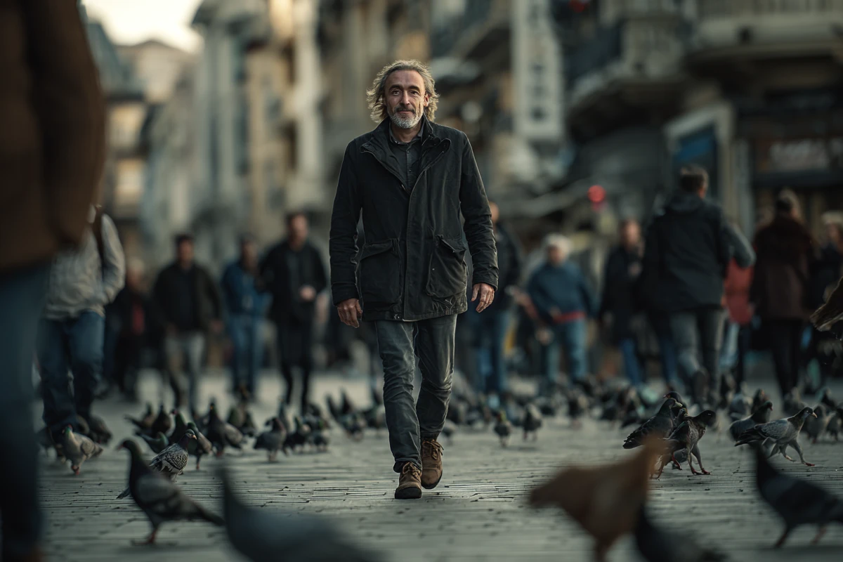 Älter werden im Alltag: Mann läuft durch die Stadt, während Menschen und Tiere Abstand halten