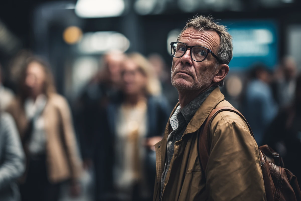 Älter werden im Alltag: Mann wirkt nachdenklich und leicht unsicher in einer Menschenmenge