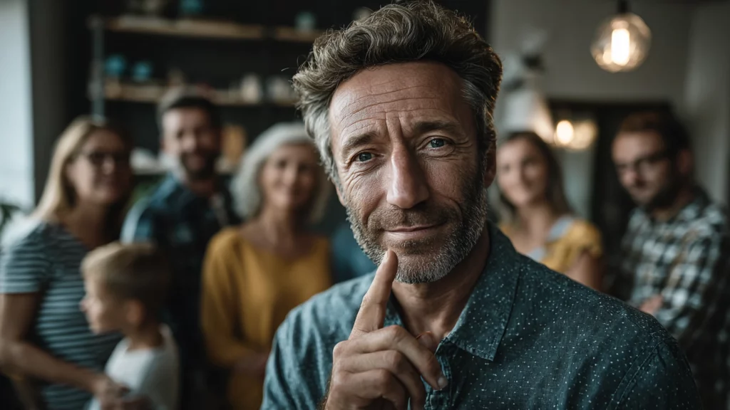 Älter werden im Alltag: Mann Mitte 50 lächelt in die Kamera, während Menschen im Hintergrund distanziert reagieren