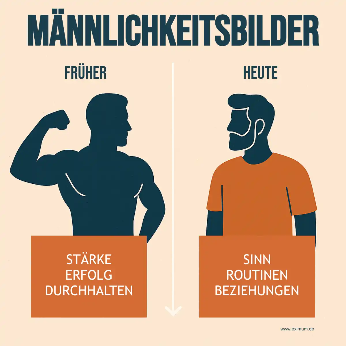 Infografik Männlichkeit ab 40 – Wandel von traditionellen Männerrollen hin zu Sinn, Nähe und Gesundheit.